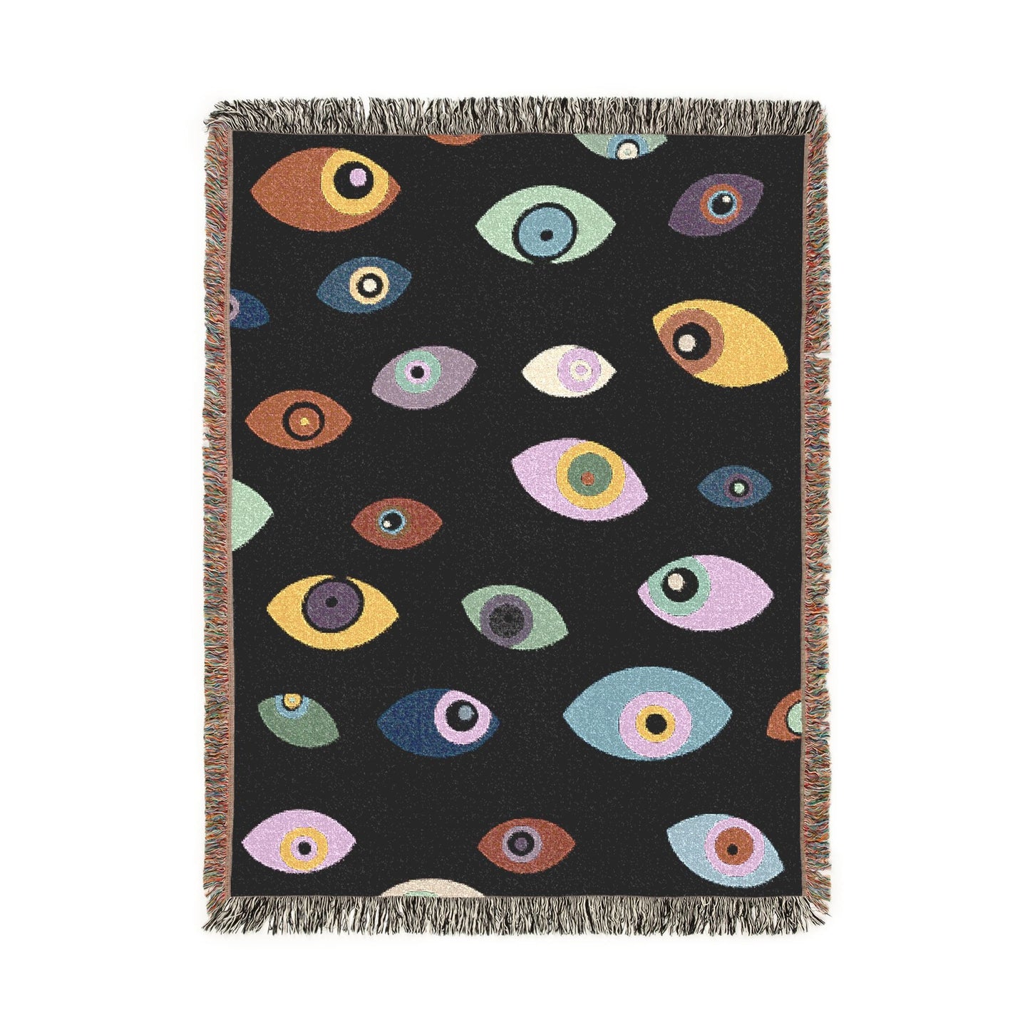 A rectangular black woven throw blanket with fringe on all sides, featuring a repeating pattern of stylized multicolored eyes in shades of yellow, blue, pink, purple, green, and brown.