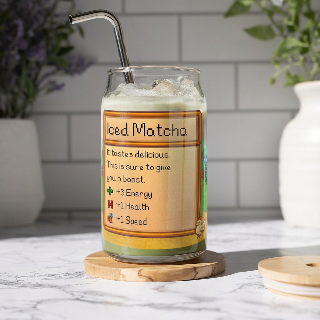 Stardew Valley Glass Cup With Straw - Iced Matcha