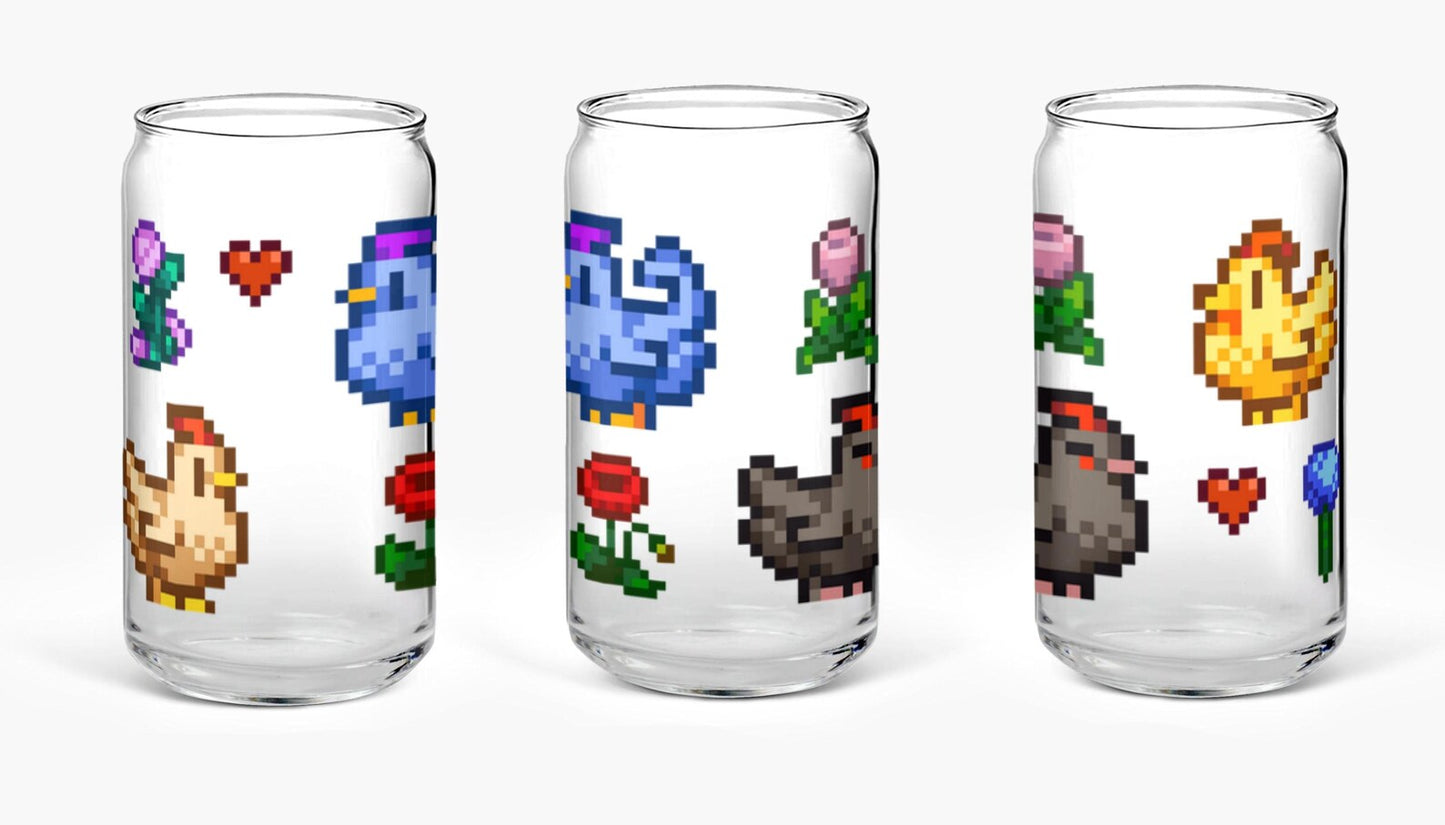 Stardew Valley Glass Cup With Straw - Chickens & Flowers