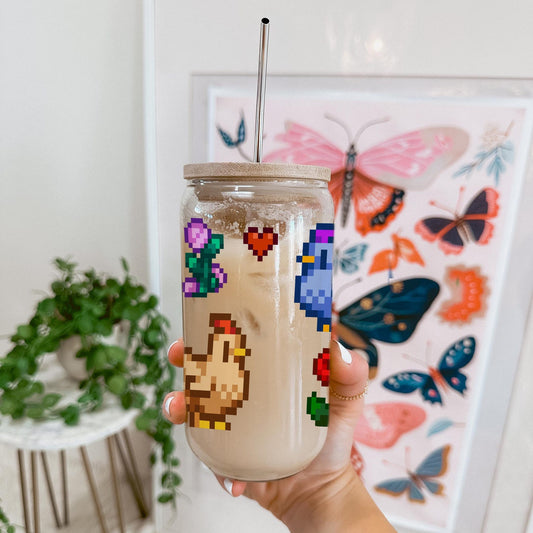Stardew Valley Glass Cup With Straw - Chickens & Flowers