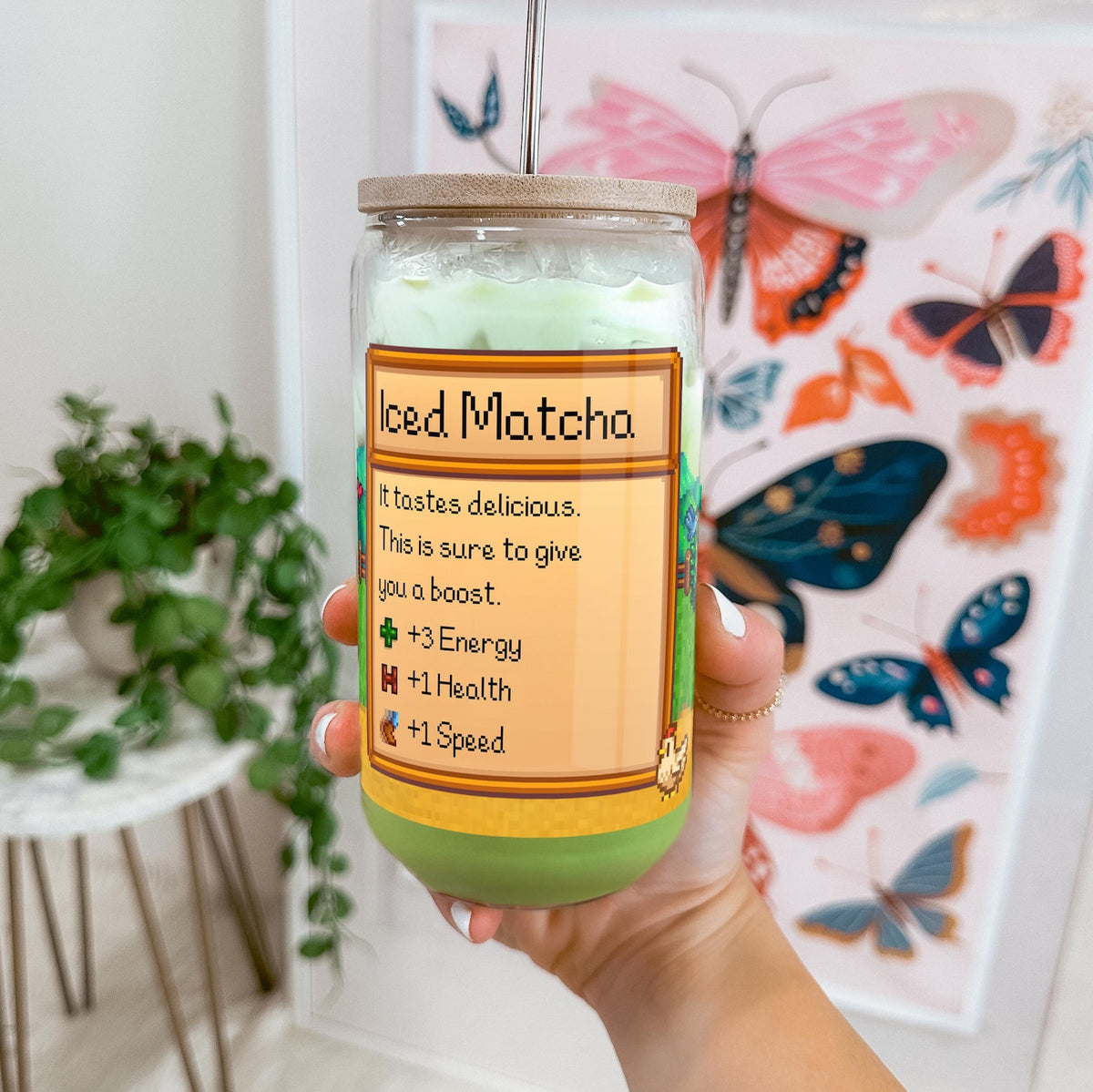 Stardew Valley Glass Cup With Straw - Iced Matcha